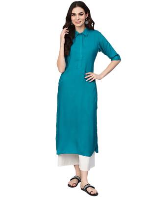 light-sea-green rayon plain long-kurtis For Women 1