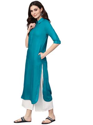 light-sea-green rayon plain long-kurtis For Women 3