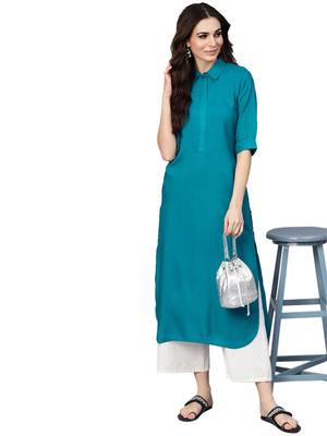 light-sea-green rayon plain long-kurtis For Women 5
