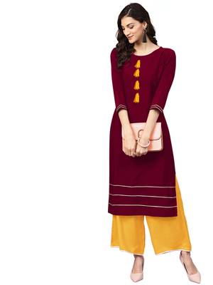 maroon rayon plain long-kurtis For Women 1