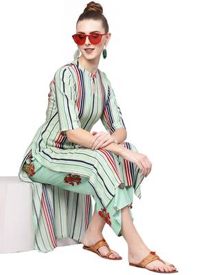 parrot-green rayon printed long-kurtis For Women 2