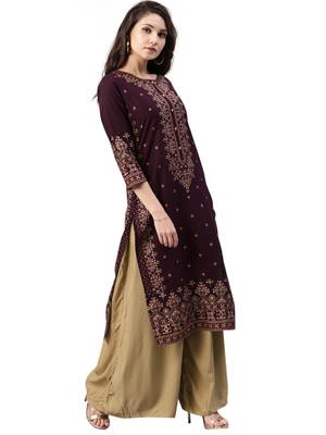 maroon rayon printed long-kurtis For Women 3