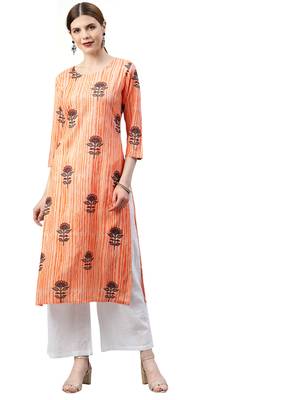 orange rayon printed long-kurtis For Women 1