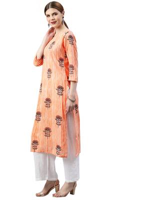 orange rayon printed long-kurtis For Women 2