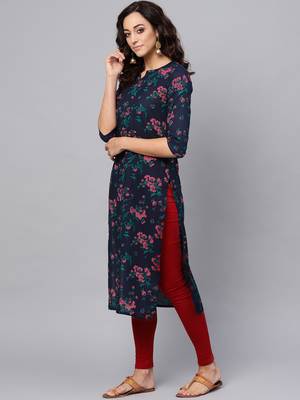 blue rayon printed long-kurtis For Women 1