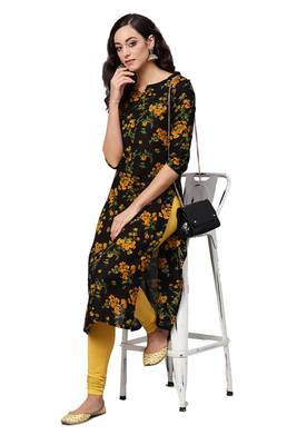 yellow rayon printed long-kurtis For Women 1