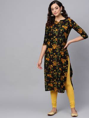 yellow rayon printed long-kurtis For Women 2