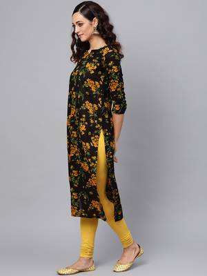 yellow rayon printed long-kurtis For Women 3
