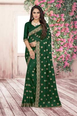 green embroidered polyester saree with blouse 1