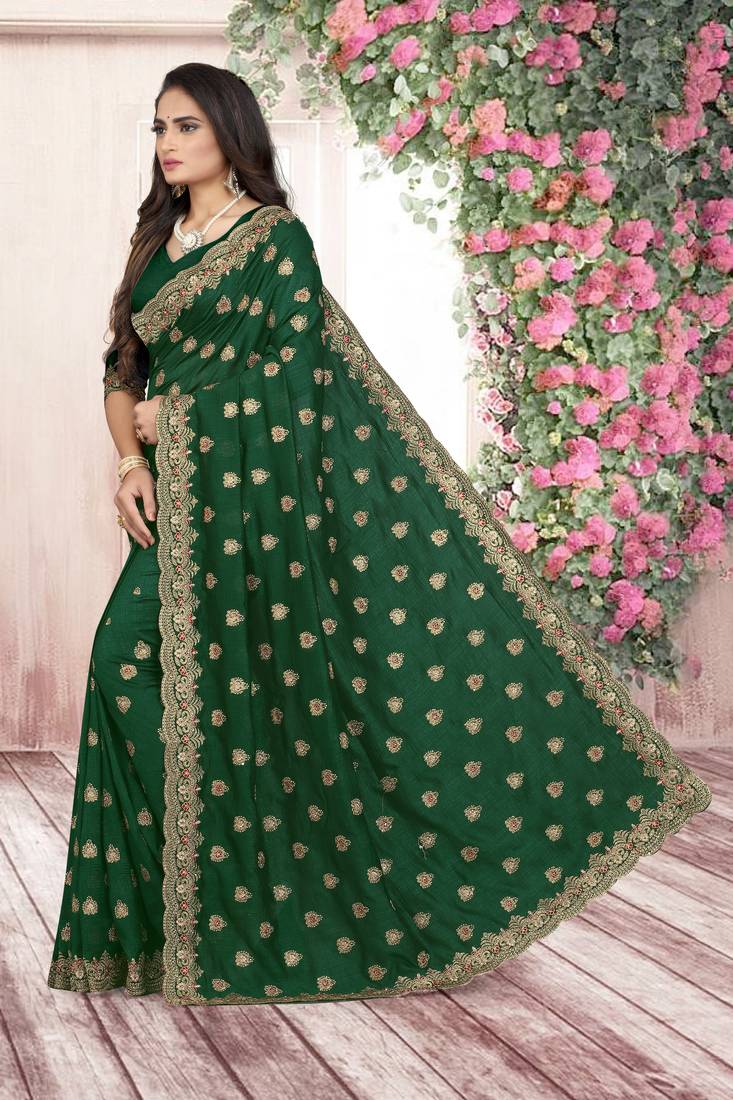 green embroidered polyester saree with blouse