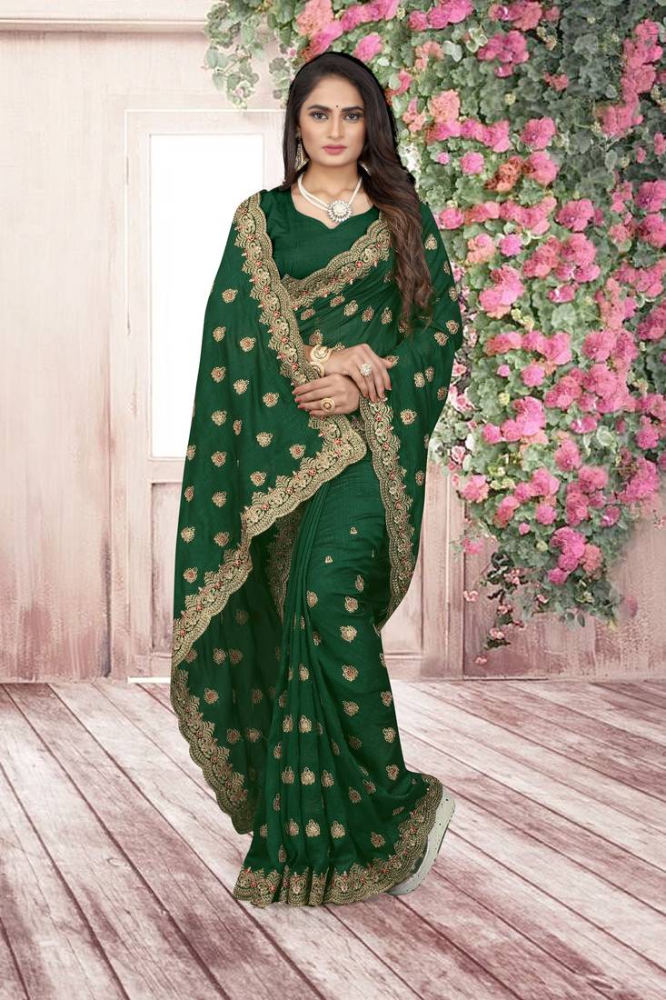 green embroidered polyester saree with blouse
