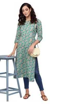 green rayon printed long-kurtis For Women 1