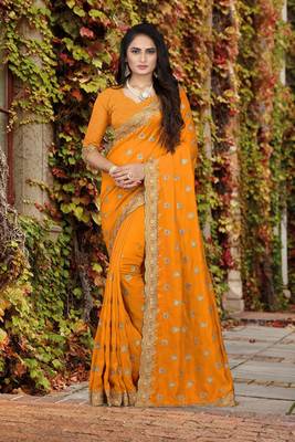 orange embroidered polyester saree with blouse 1