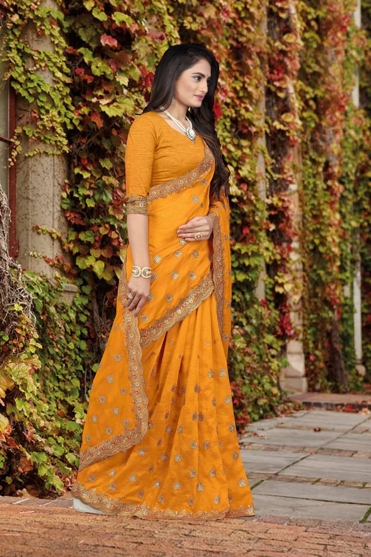 orange embroidered polyester saree with blouse