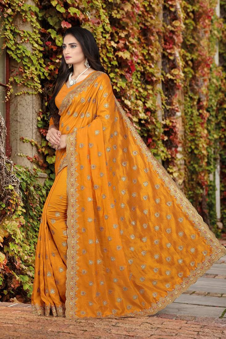orange embroidered polyester saree with blouse