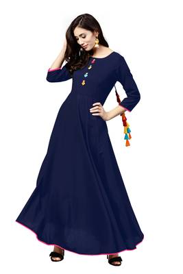blue rayon printed long-kurtis For Women 1