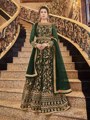 Dark Green Super Net Heavy Embroidered Anarkali Suit 1