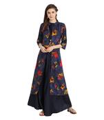 blue rayon printed Kurta & Skirt Set For Women