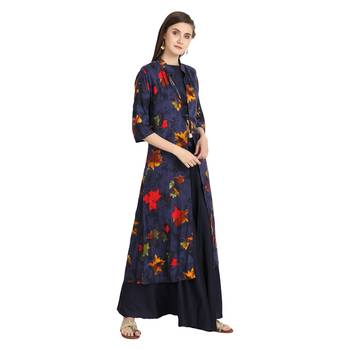 blue rayon printed Kurta & Skirt Set For Women 3