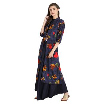 blue rayon printed Kurta & Skirt Set For Women 4