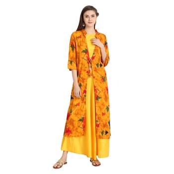 yellow rayon printed Kurta & Skirt Set For Women 1