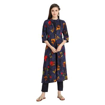 blue rayon printed Kurta & Pant Set For Women 1
