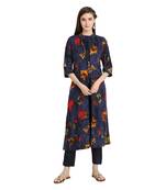 blue rayon printed Kurta & Pant Set For Women