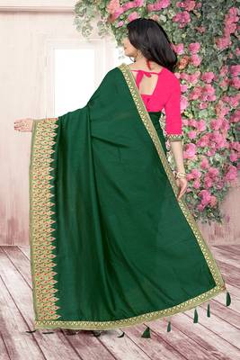 green embroidered polyester saree with blouse 2