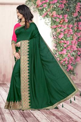 green embroidered polyester saree with blouse 3