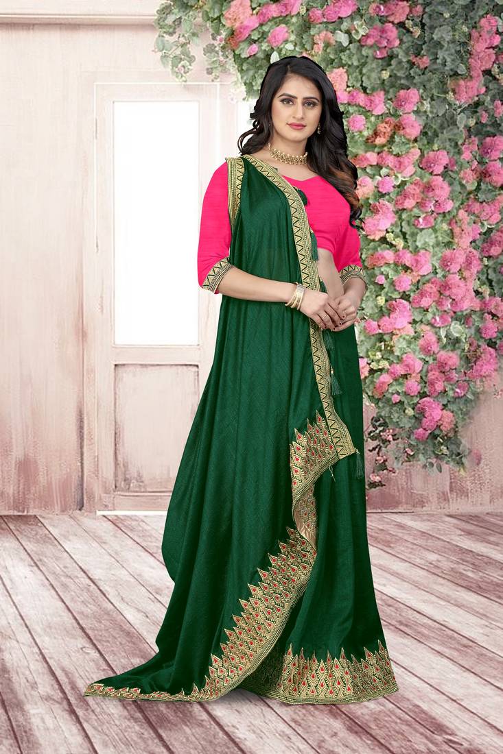 green embroidered polyester saree with blouse