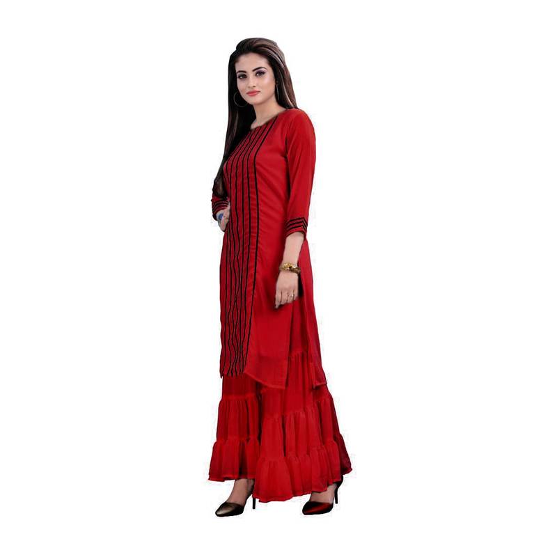 maroon georgette embroidered Kurta & Sharara Set For Women