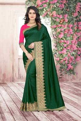 green embroidered polyester saree with blouse 1