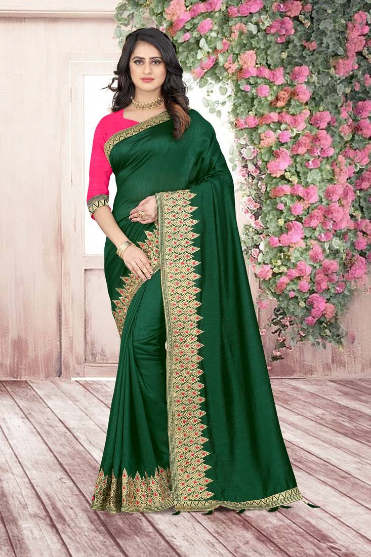 green embroidered polyester saree with blouse