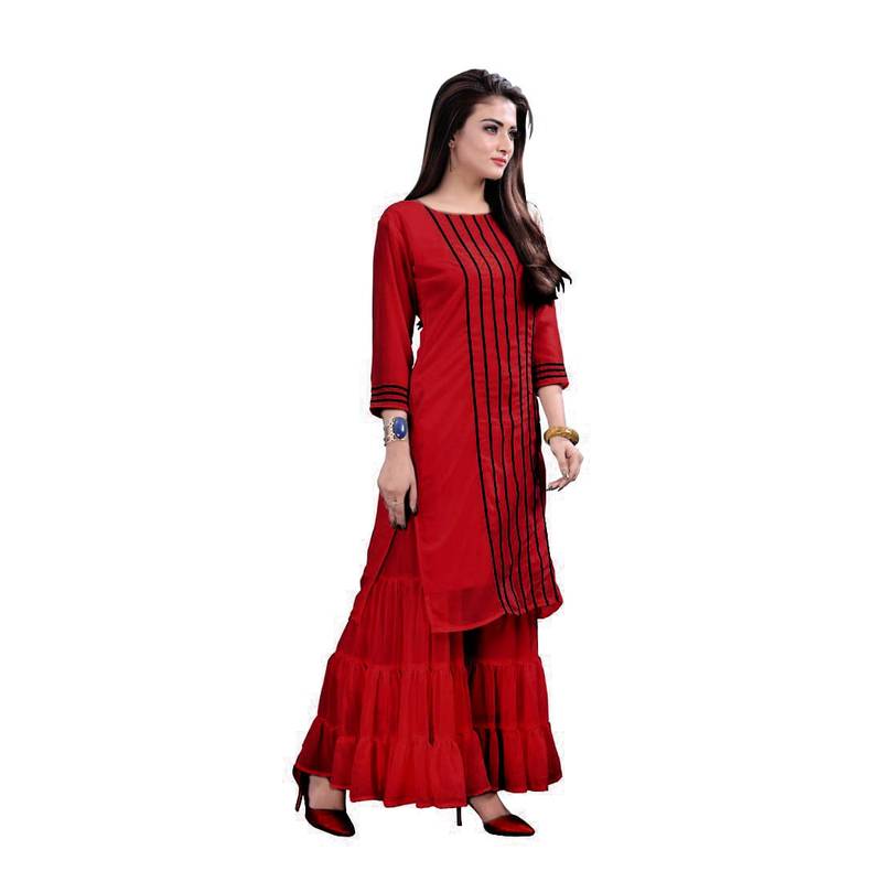 maroon georgette embroidered Kurta & Sharara Set For Women