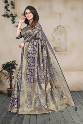blue woven art silk saree with blouse 2