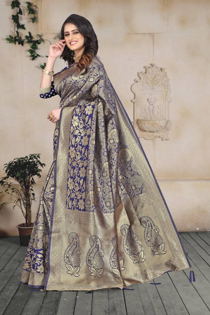 blue woven art silk saree with blouse