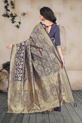 blue woven art silk saree with blouse 3