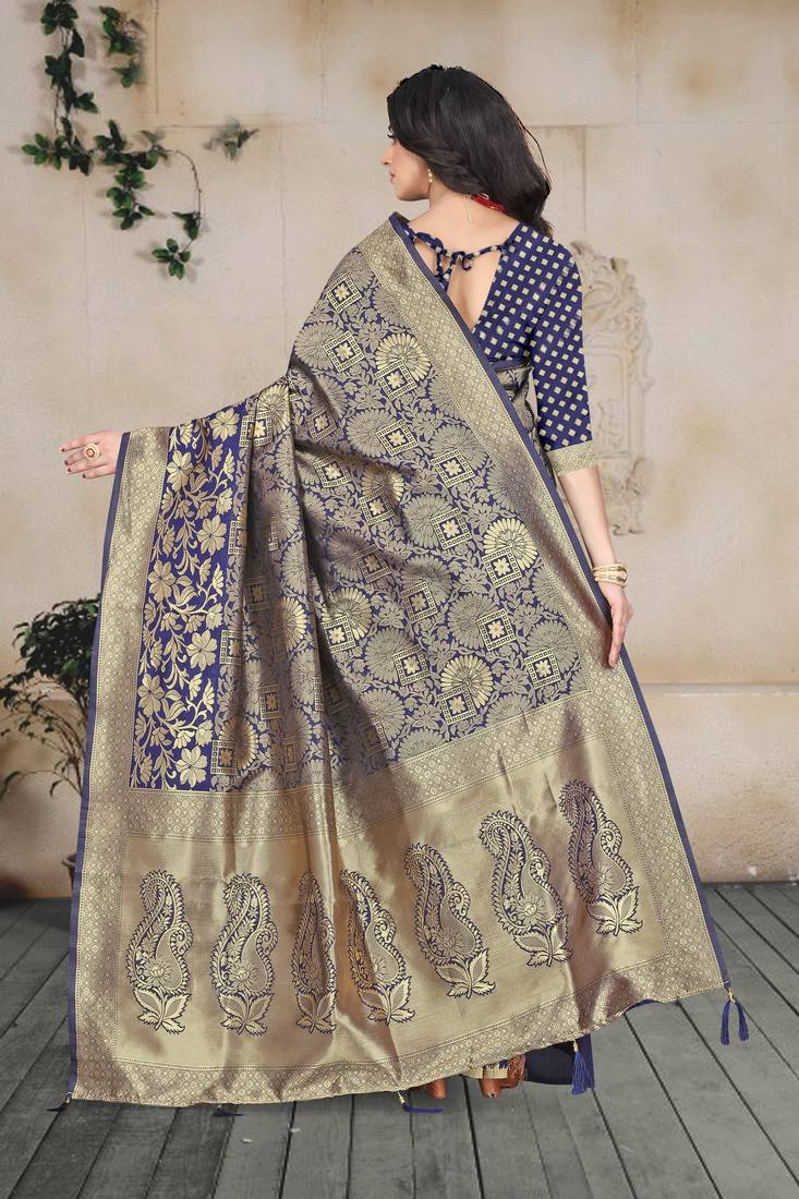 blue woven art silk saree with blouse