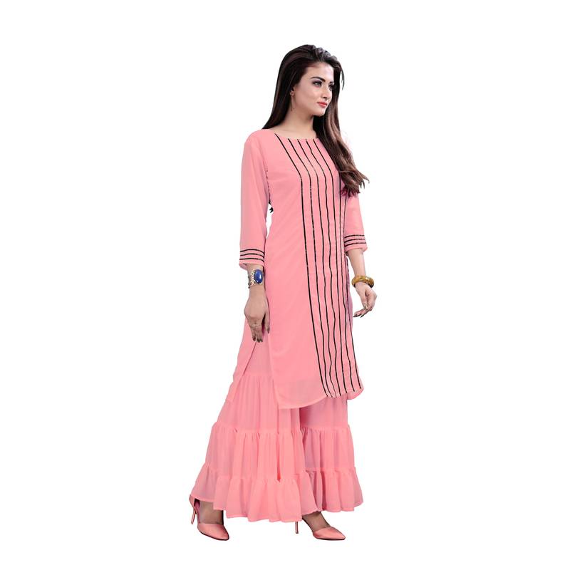 pink georgette embroidered Kurta & Sharara Set For Women
