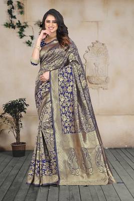 blue woven art silk saree with blouse 4