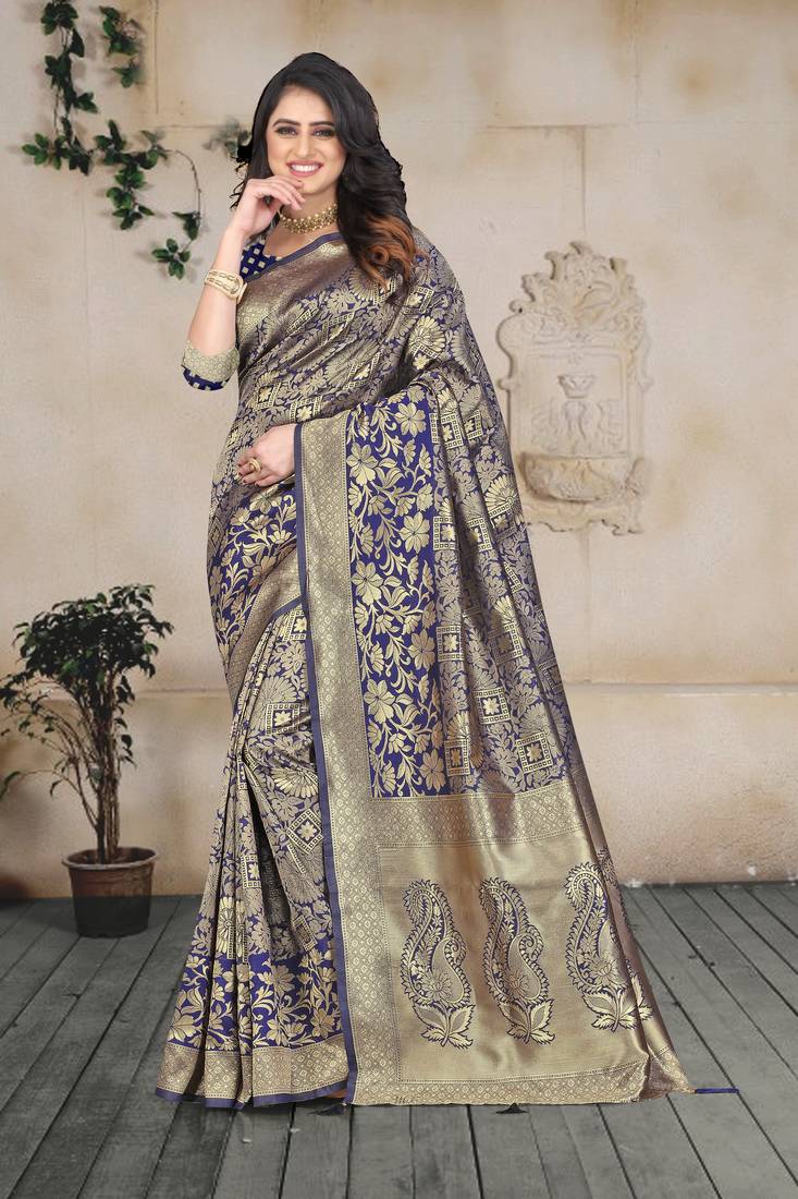 blue woven art silk saree with blouse