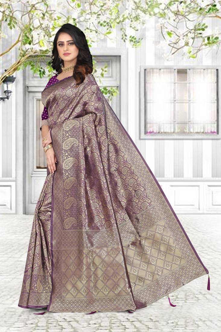 purple woven art silk saree with blouse