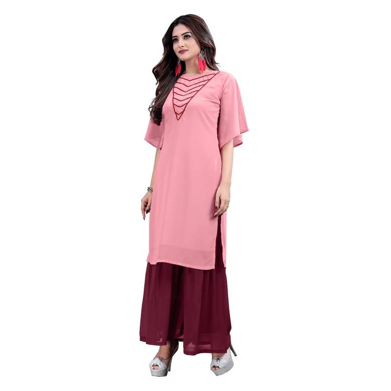 pink georgette embroidered Kurta & Sharara Set For Women