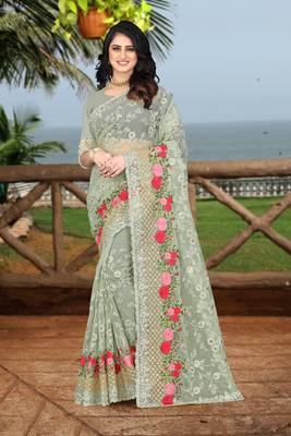 green embroidered net saree with blouse 1