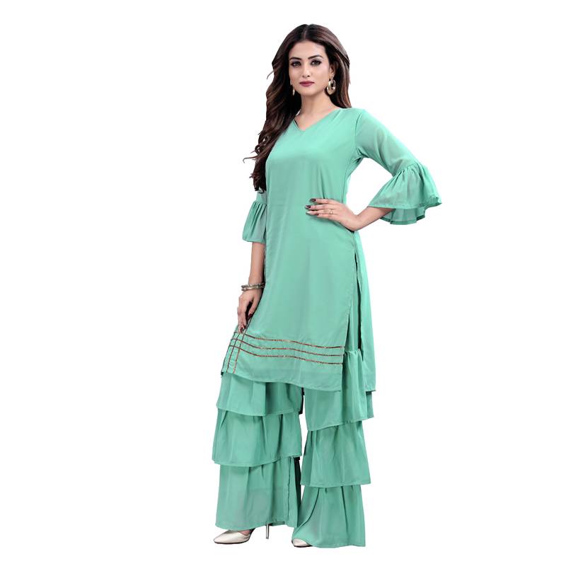 teal georgette embroidered Kurta & Sharara Set For Women