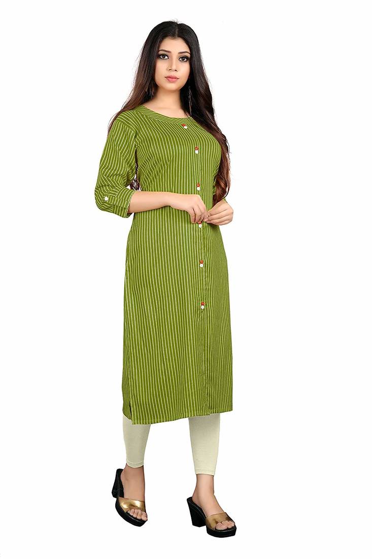 green rayon printed long-kurtis For Women
