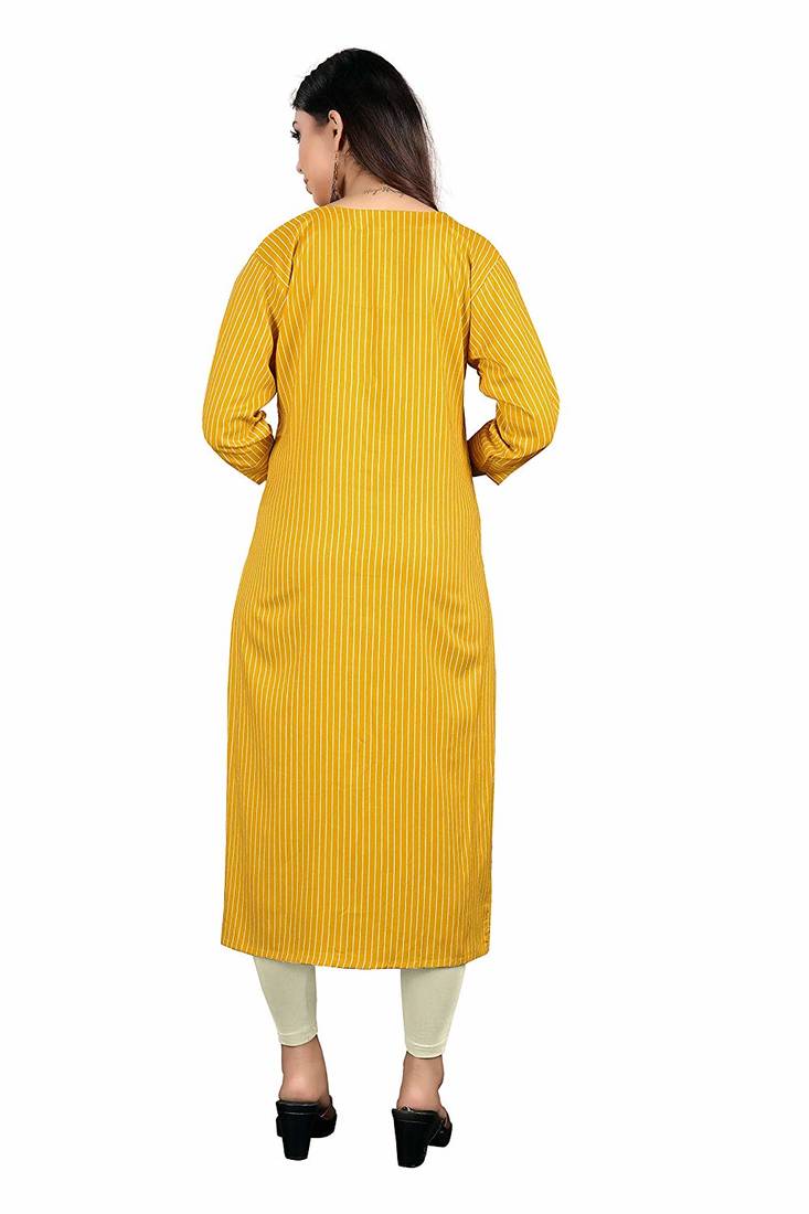 yellow rayon printed long-kurtis For Women