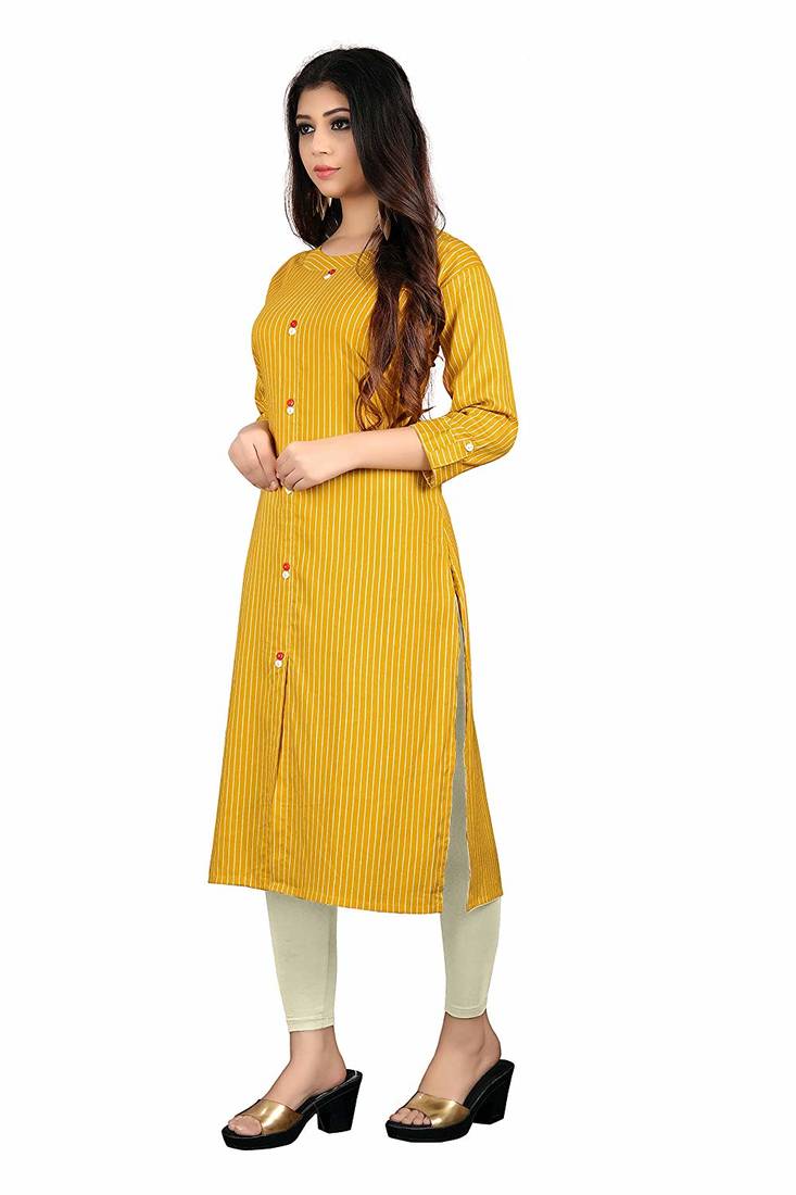 yellow rayon printed long-kurtis For Women