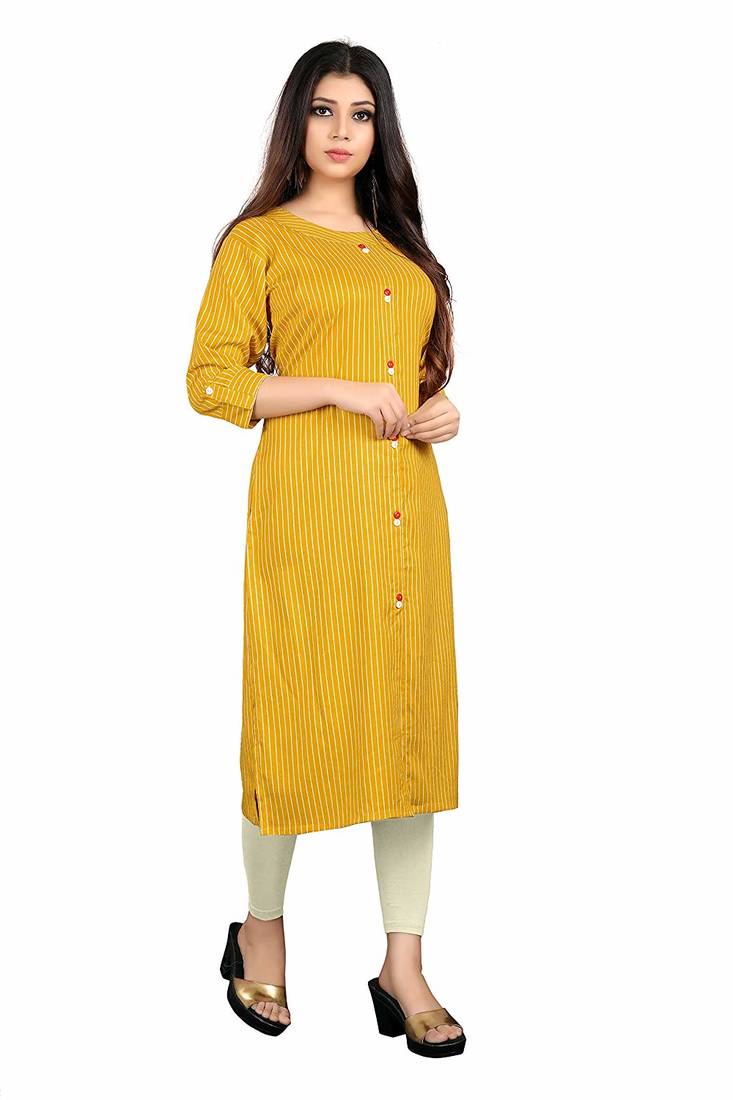 yellow rayon printed long-kurtis For Women