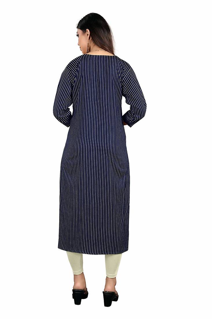 navy-blue rayon printed long-kurtis For Women